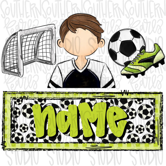 Soccer trio with name patch | soccer boy goal ball cleats | brunette | Sublimation Design | Digital Download | Women’s, Kids Shirt PNG