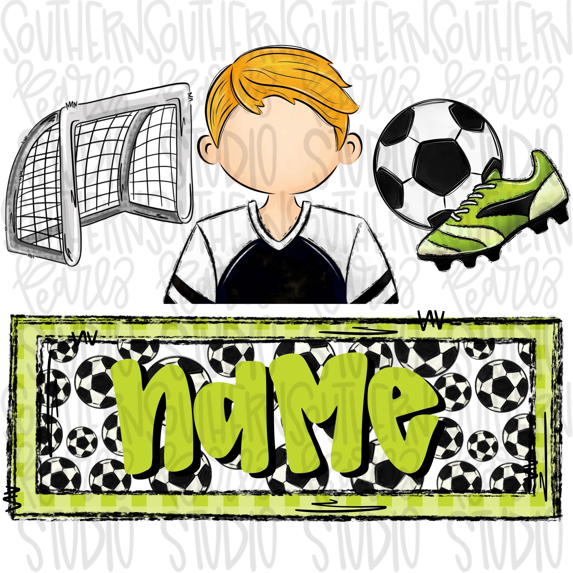 Soccer trio with name patch | soccer boy goal ball cleats | blonde hair | Sublimation Design | Digital Download | Women’s, Kids Shirt PNG