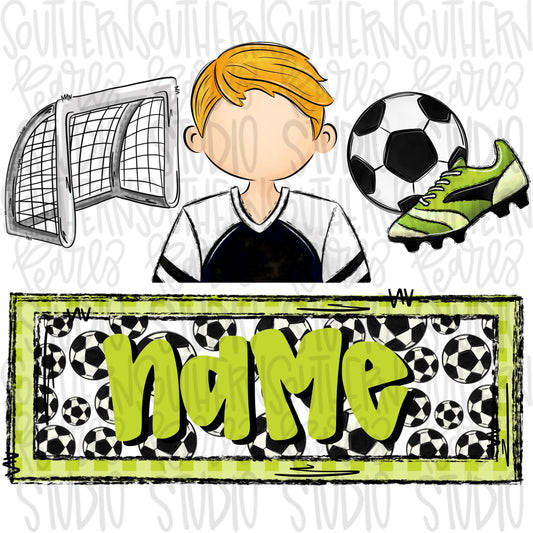 Soccer trio with name patch | soccer boy goal ball cleats | blonde hair | Sublimation Design | Digital Download | Women’s, Kids Shirt PNG