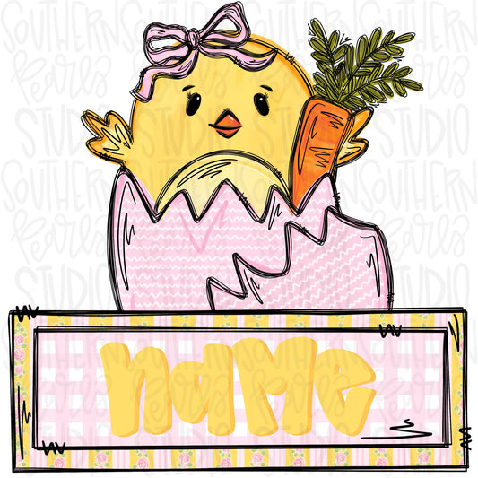 Baby chick in egg holding a carrot with name patch girl | Easter | Sublimation Design | Digital Download | Women’s, Kids Shirt PNG
