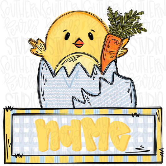 Baby chick in egg holding a carrot with name patch boy | Easter | Sublimation Design | Digital Download | Women’s, Kids Shirt PNG