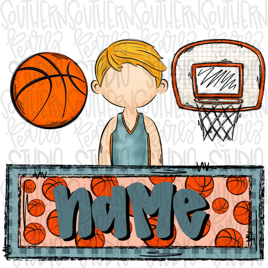 Basketball trio with name patch | basketball boy hoop post | blonde | Sublimation Design | Digital Download | Women’s, Kids Shirt PNG