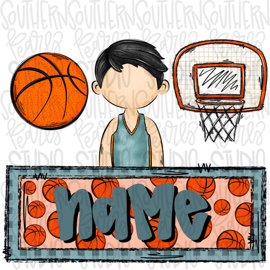 Basketball trio with name patch | basketball boy hoop post | black hair | Sublimation Design | Digital Download | Women’s, Kids Shirt PNG