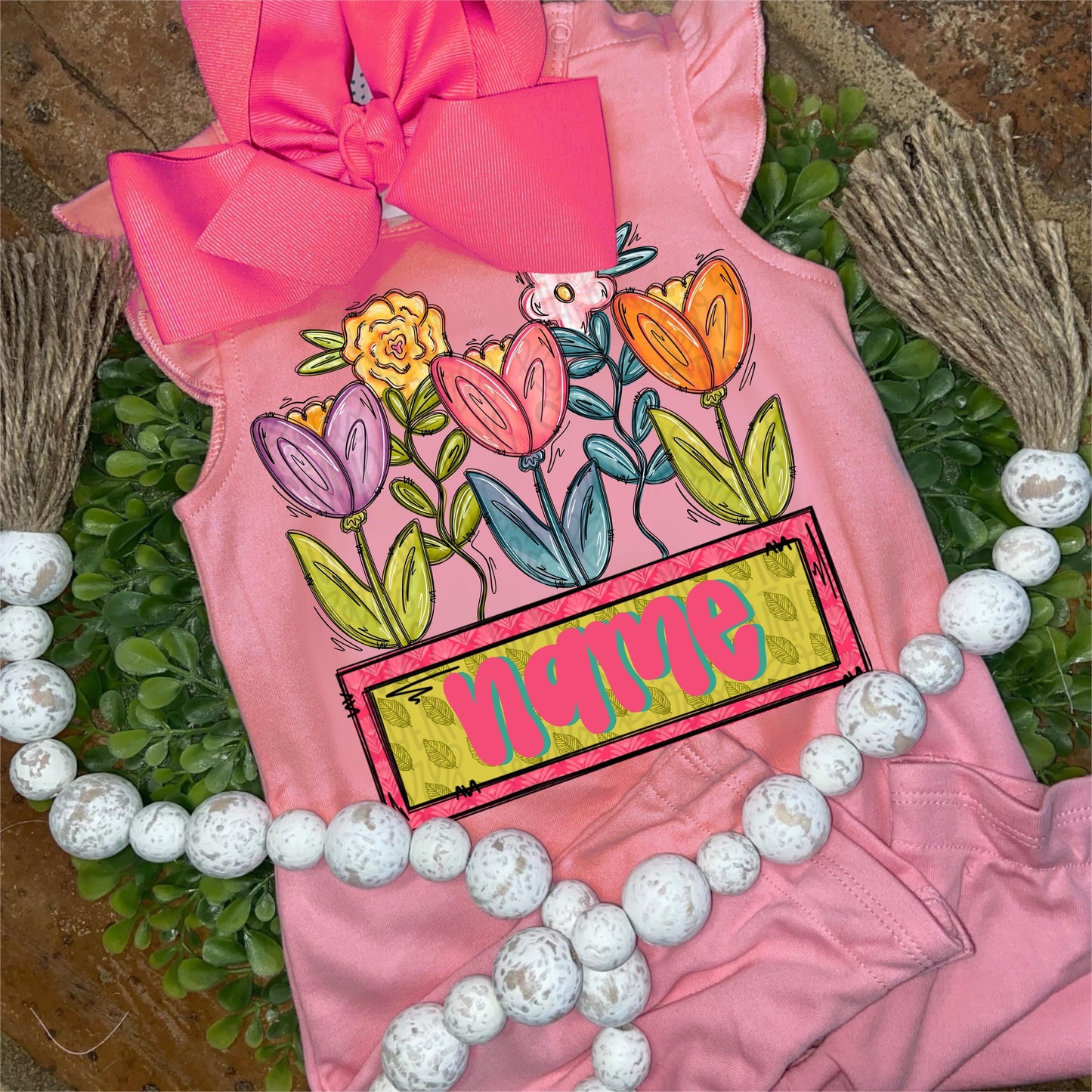 Flower garden with name patch | Sublimation Design | Digital Download | Women’s, Kids Shirt PNG