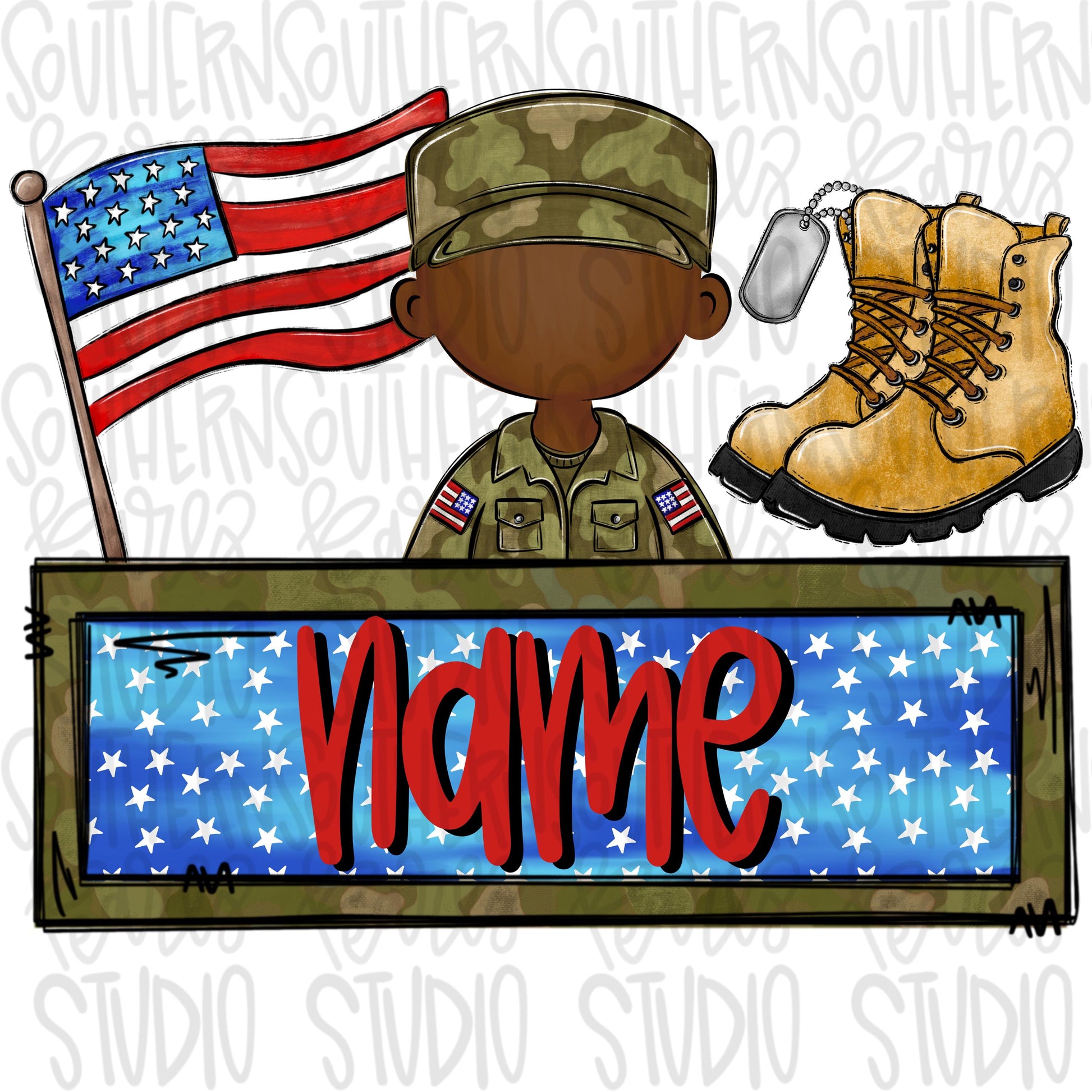 Patriotic trio design with name patch | flag soldier boots and dog tag | Sublimation Design | Digital Download | Women’s, Kids Shirt PNG