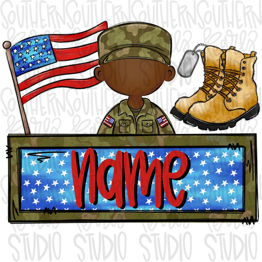 Patriotic trio design with name patch | flag soldier boots and dog tag | Sublimation Design | Digital Download | Women’s, Kids Shirt PNG