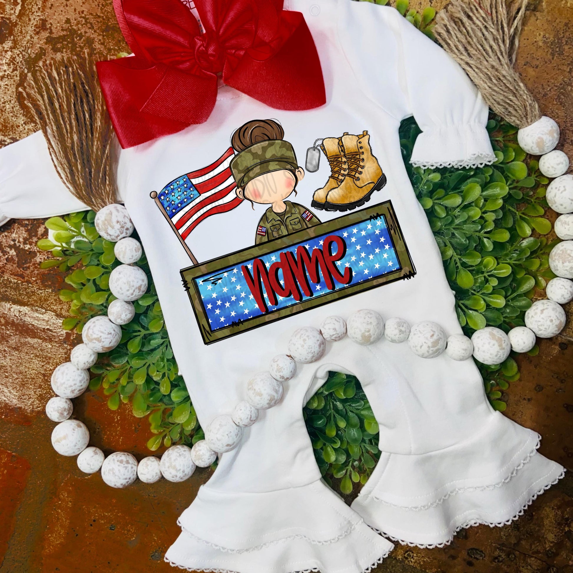 Patriotic trio design with name patch | flag girl soldier boots and dog tag | Sublimation Design | Digital Download | Women, Kids Shirt PNG