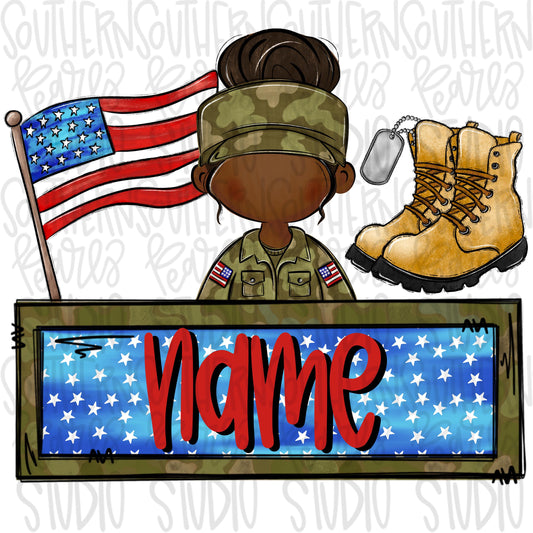 Patriotic trio design with name patch | flag girl soldier boots and dog tag | Sublimation Design | Digital Download | Women, Kids Shirt PNG
