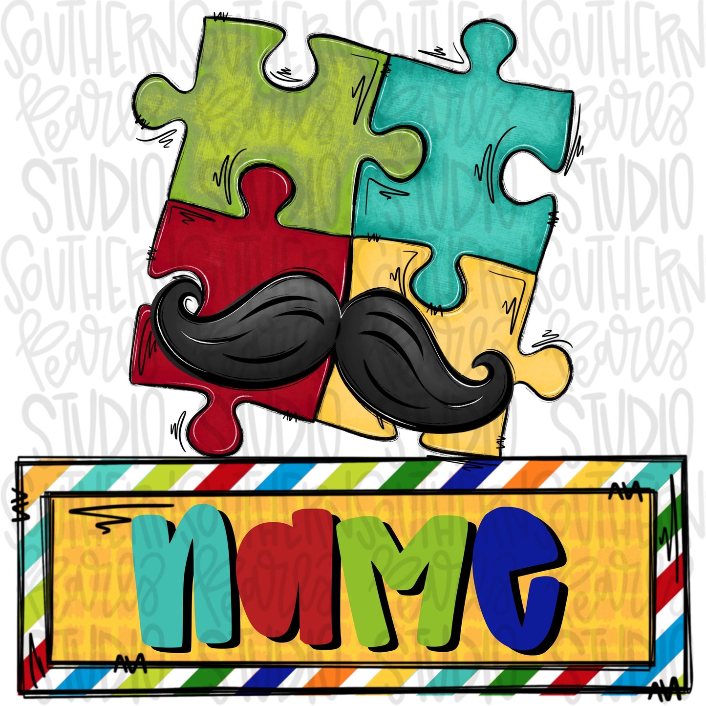 Autism puzzle with mustache and name patch | Sublimation Design | Digital Download | Women’s, Kids Shirt PNG
