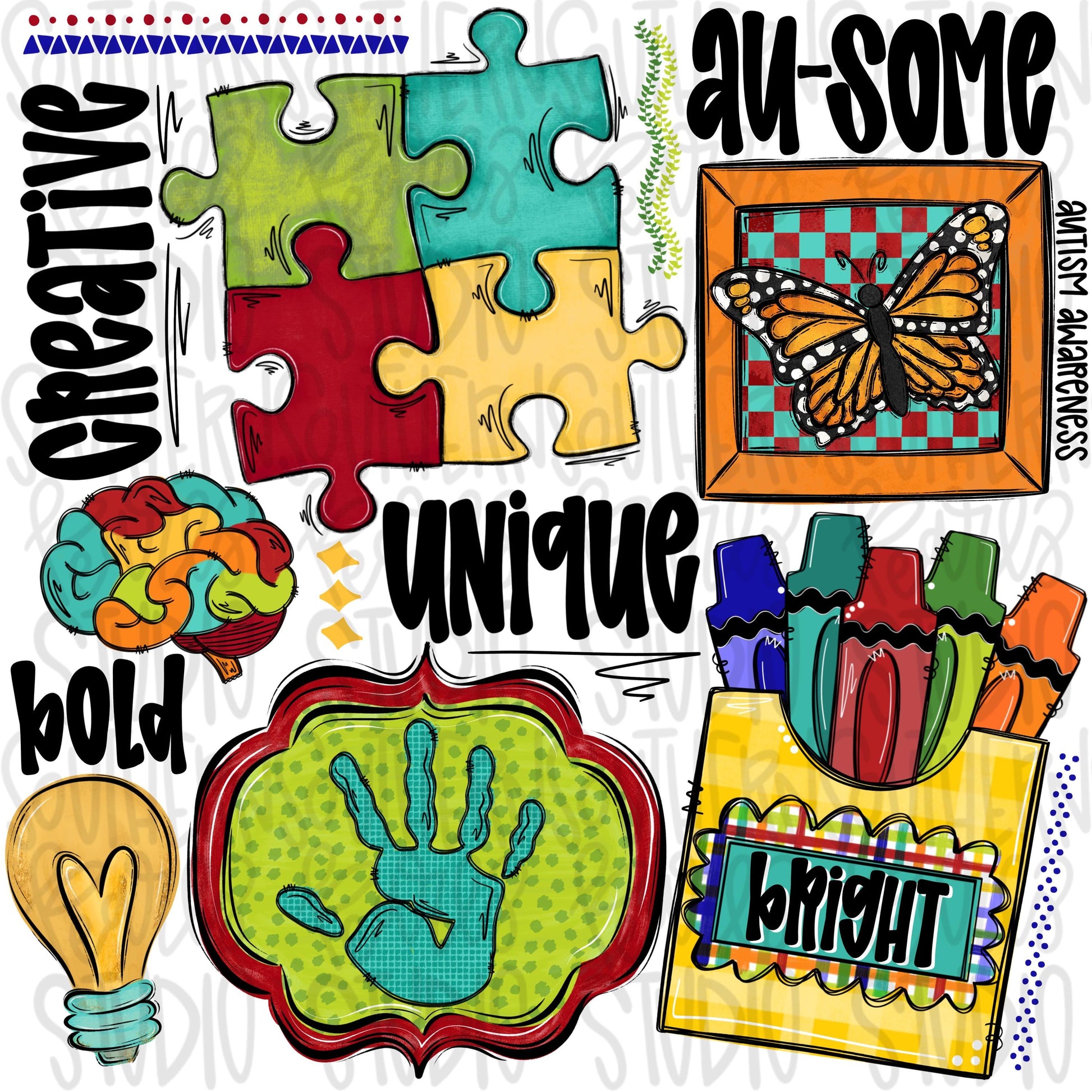 Autism collage | puzzle pieces, brain, colors butterfly | awareness | Sublimation Design | Digital Download | Women’s, Kids Shirt PNG
