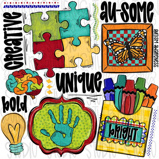 Autism collage | puzzle pieces, brain, colors butterfly | awareness | Sublimation Design | Digital Download | Women’s, Kids Shirt PNG