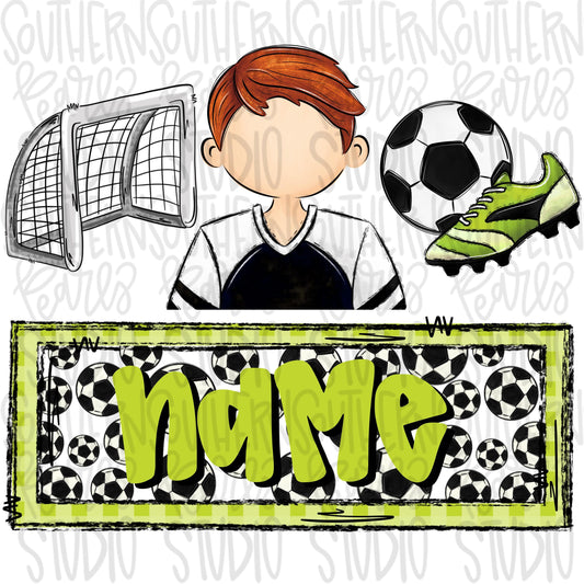 Soccer trio with name patch | soccer boy goal ball cleats | red hair | Sublimation Design | Digital Download | Women’s, Kids Shirt PNG