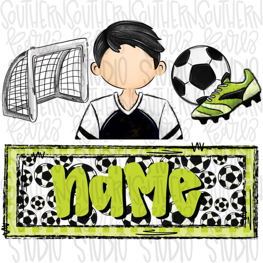 Soccer trio with name patch | soccer boy goal ball cleats | black hair | Sublimation Design | Digital Download | Women’s, Kids Shirt PNG