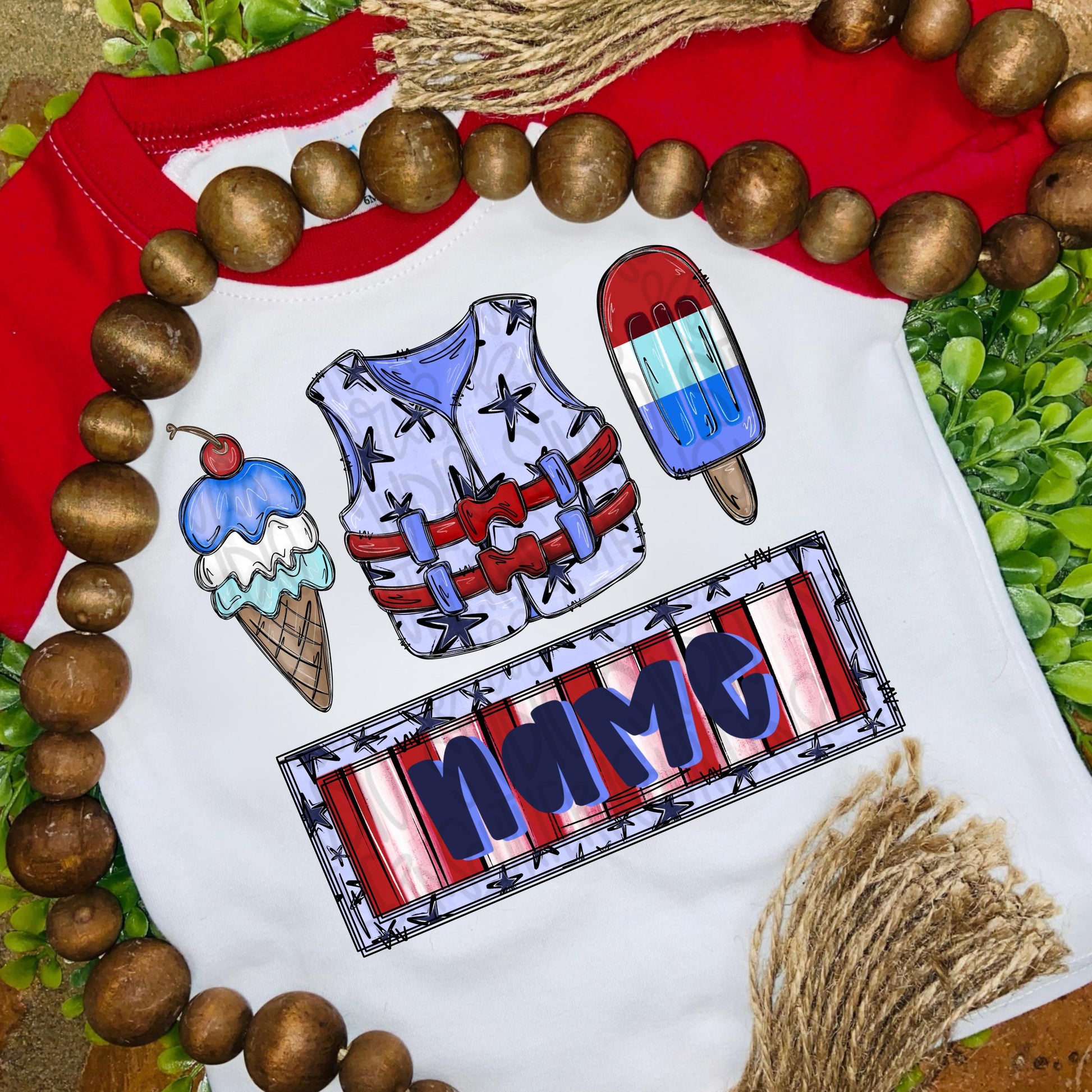 Red white and blue ice cream, life vest and popsicle with name patch | patriotic | Sublimation Design | Digital Download | Women’s, Kids PNG