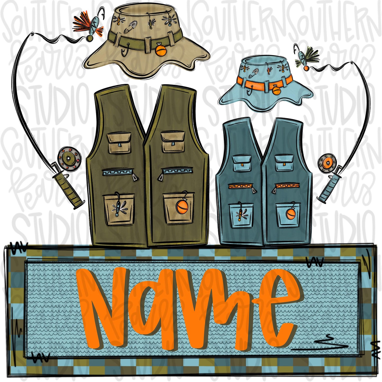 Dad and son life jackets and fishing poles with Name Patch | Fathers Day | Sublimation Design | Digital Download | Kids Shirt PNG