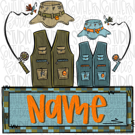 Dad and son life jackets and fishing poles with Name Patch | Fathers Day | Sublimation Design | Digital Download | Kids Shirt PNG