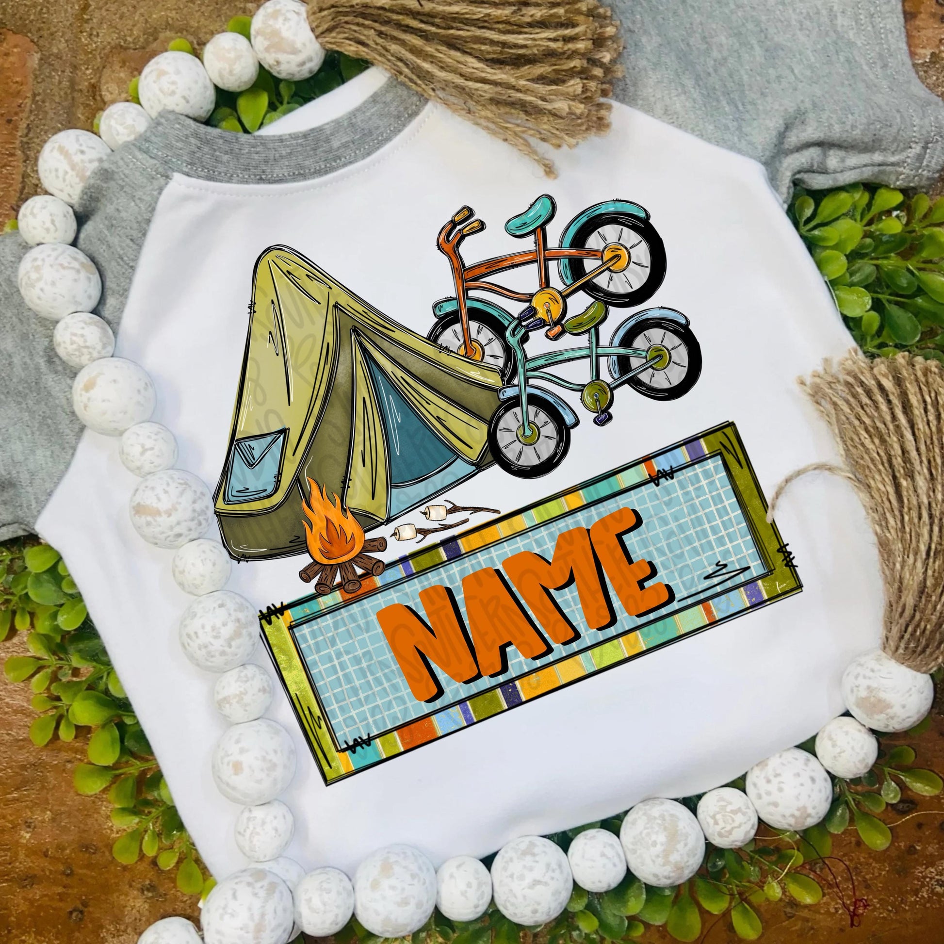 Dad and son camping tents, smores and bicycles with Name Patch | Fathers Day | Sublimation Design | Digital Download | Kids Shirt PNG
