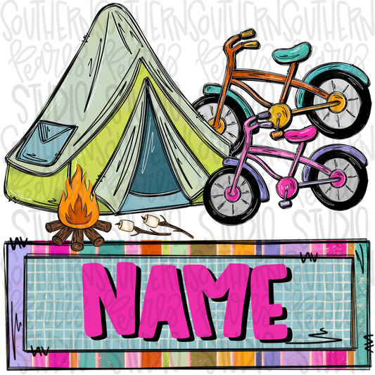 Dad and daughter camping tents, smores and bicycles with Name Patch | Fathers Day | Sublimation Design | Digital Download | Kids Shirt PNG