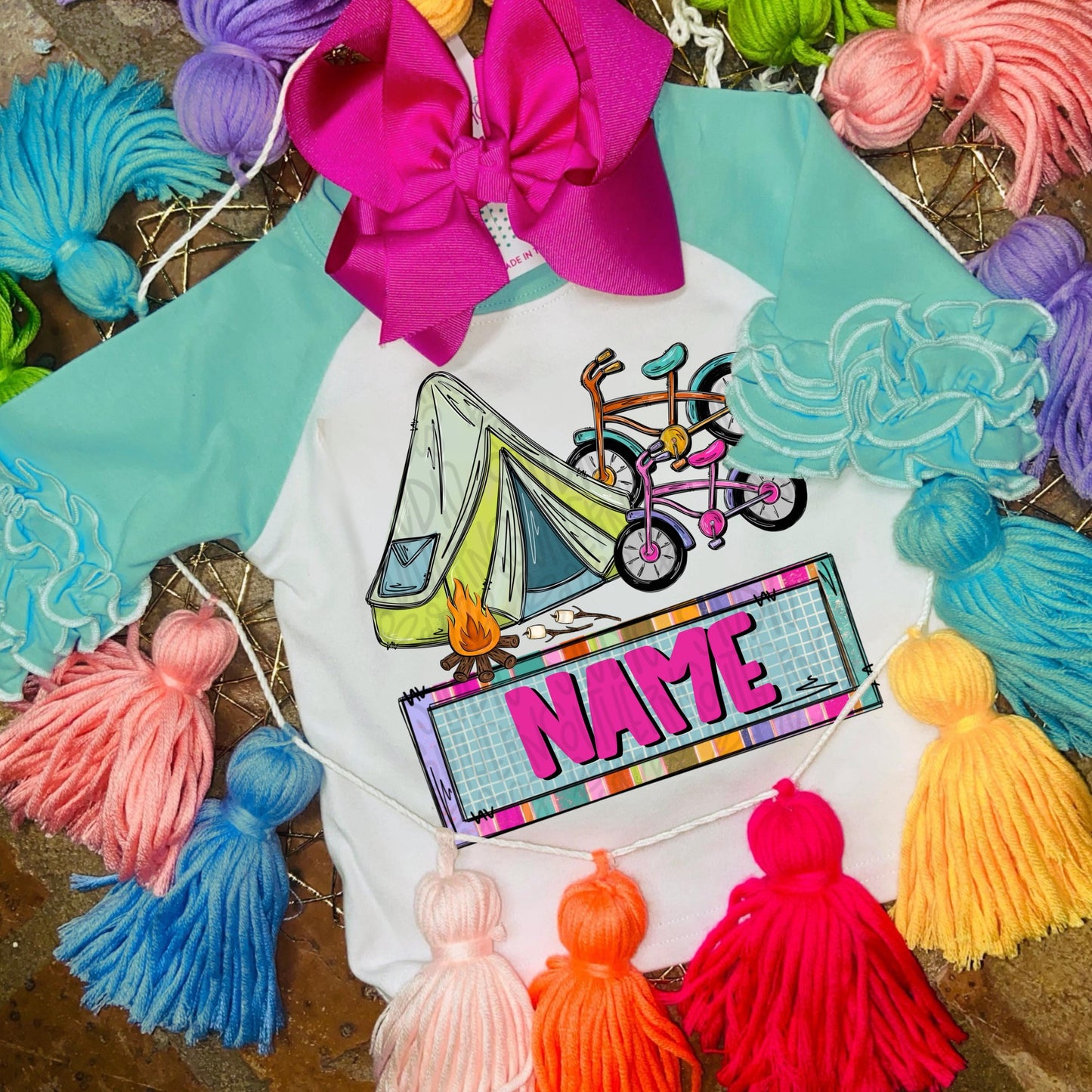 Dad and daughter camping tents, smores and bicycles with Name Patch | Fathers Day | Sublimation Design | Digital Download | Kids Shirt PNG