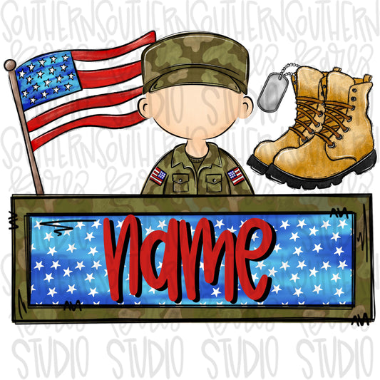 Patriotic trio design with name patch | flag soldier boots and dog tag | Sublimation Design | Digital Download | Women’s, Kids Shirt PNG