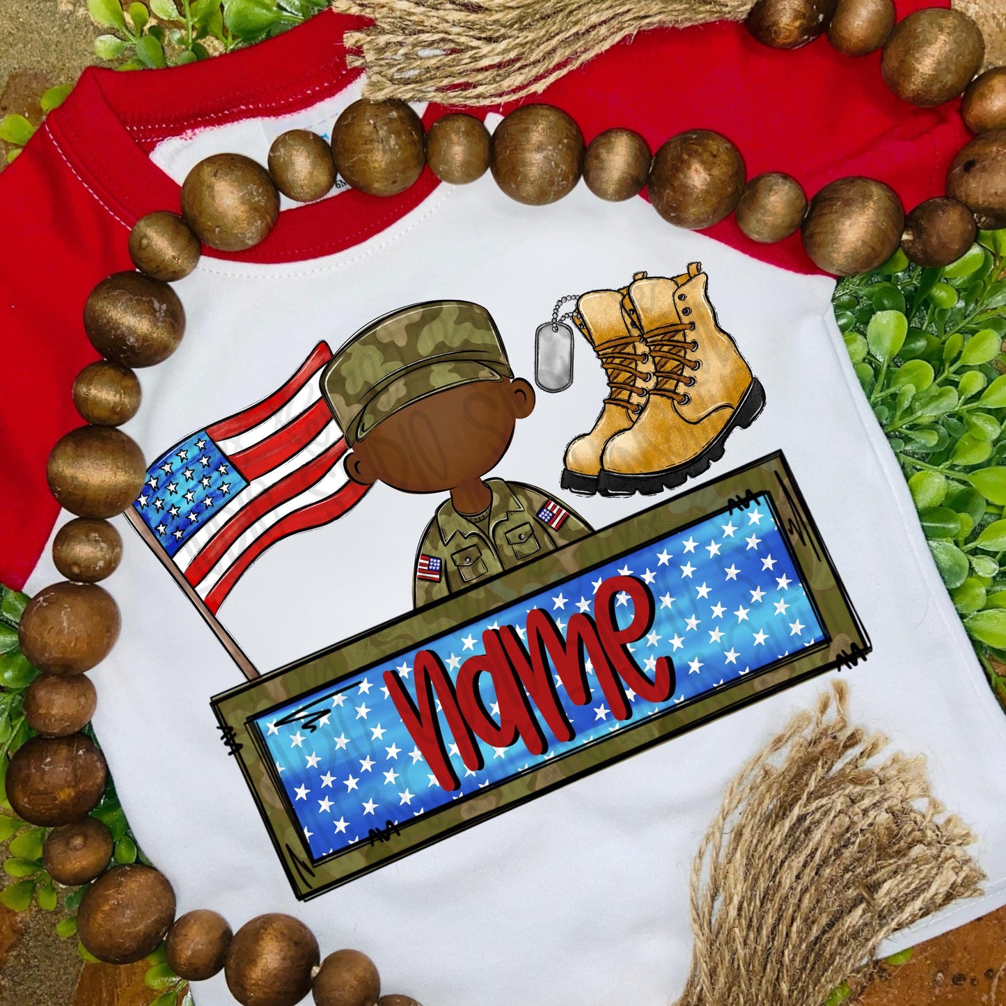 Patriotic trio design with name patch | flag soldier boots and dog tag | Sublimation Design | Digital Download | Women’s, Kids Shirt PNG