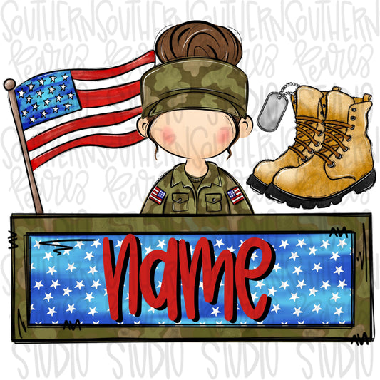 Patriotic trio design with name patch | flag girl soldier boots and dog tag | Sublimation Design | Digital Download | Women, Kids Shirt PNG
