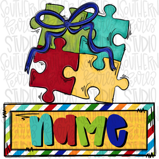 Autism puzzle with bow and name patch | Sublimation Design | Digital Download | Women’s, Kids Shirt PNG