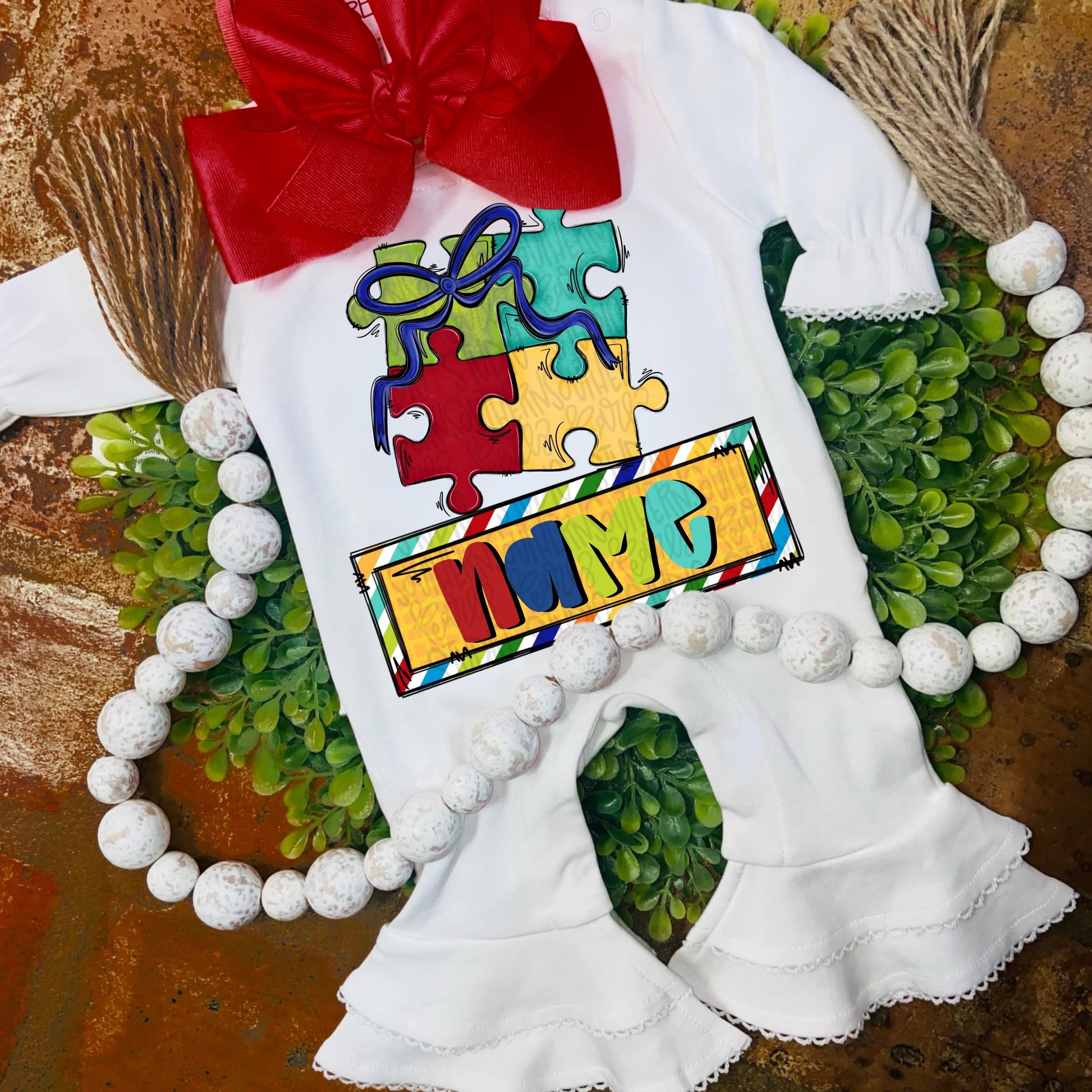 Autism puzzle with bow and name patch | Sublimation Design | Digital Download | Women’s, Kids Shirt PNG