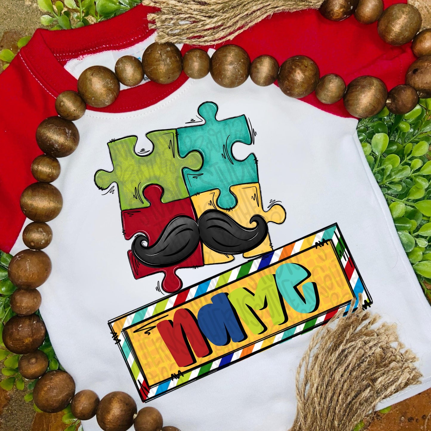 Autism puzzle with mustache and name patch | Sublimation Design | Digital Download | Women’s, Kids Shirt PNG