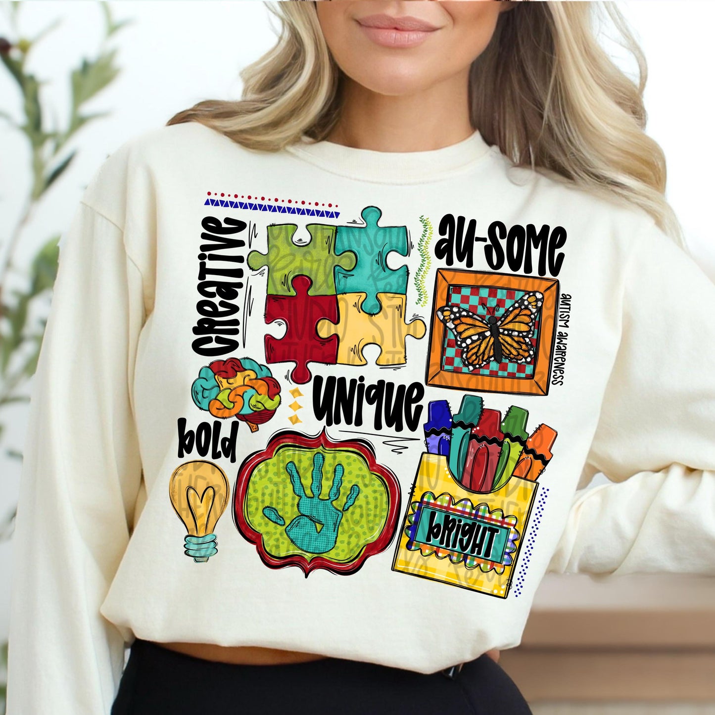 Autism collage | puzzle pieces, brain, colors butterfly | awareness | Sublimation Design | Digital Download | Women’s, Kids Shirt PNG