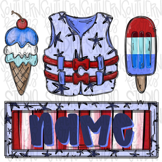 Red white and blue ice cream, life vest and popsicle with name patch | patriotic | Sublimation Design | Digital Download | Women’s, Kids PNG