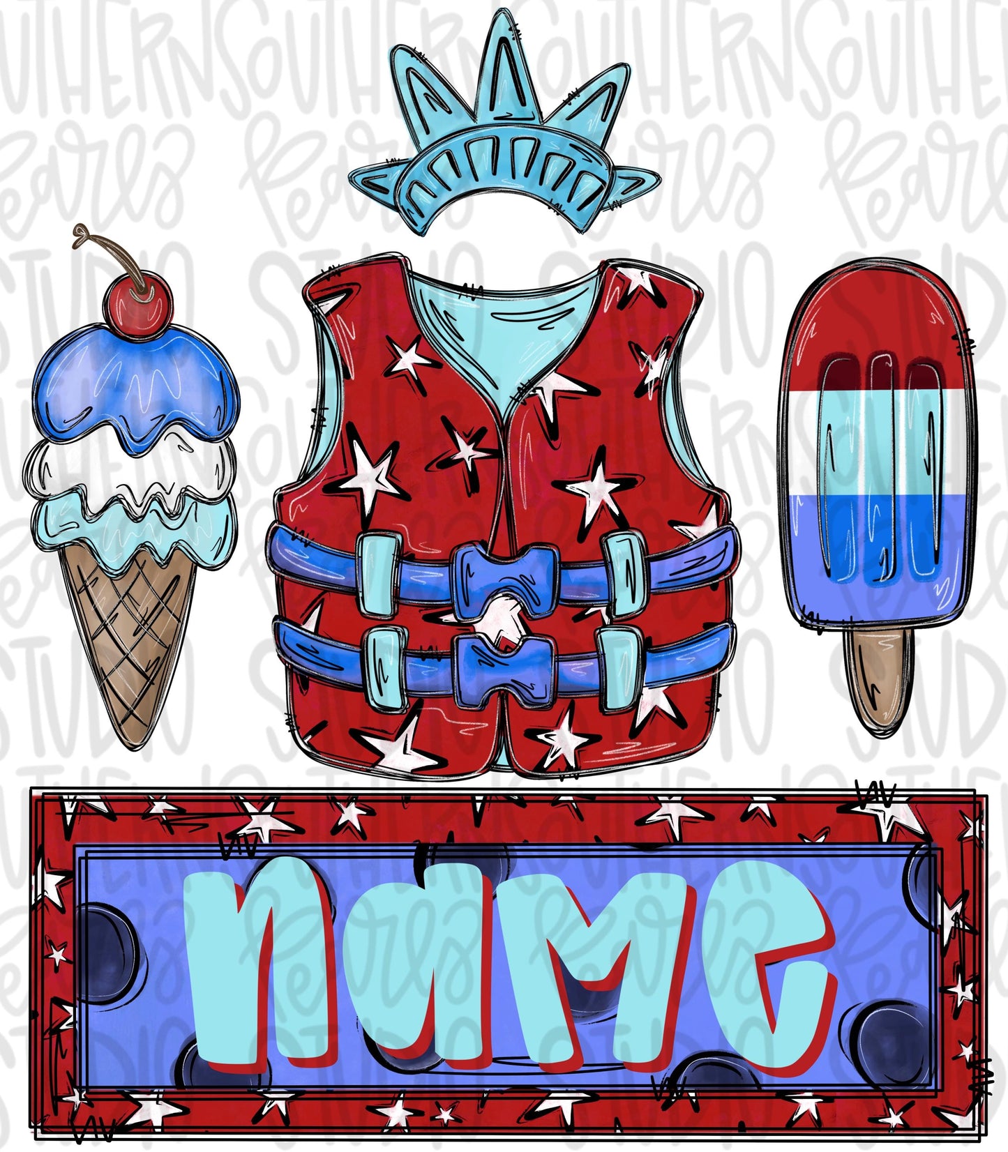 Red white and blue ice cream, life vest and popsicle with name patch girly | patriotic | Sublimation Design | Digital Download | Kids PNG