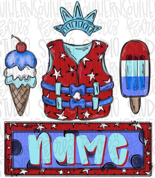 Red white and blue ice cream, life vest and popsicle with name patch girly | patriotic | Sublimation Design | Digital Download | Kids PNG