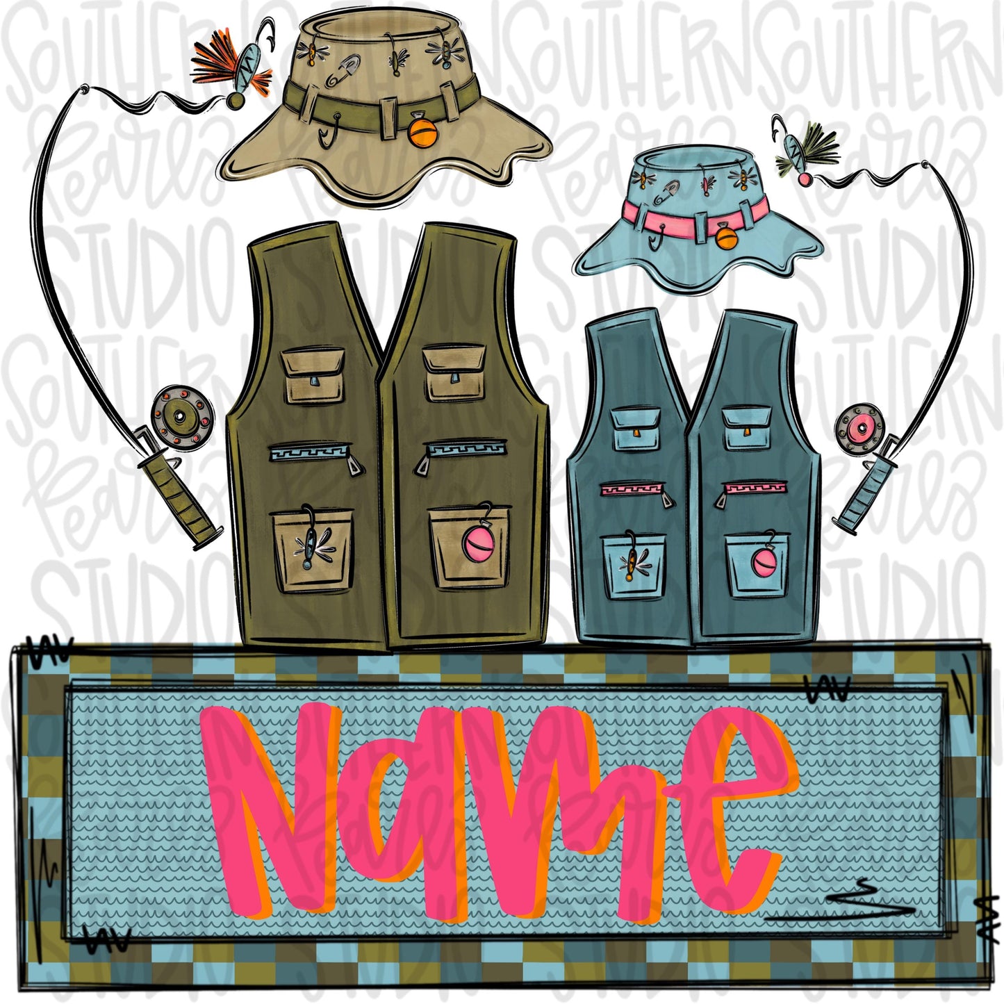 Dad and daughter life jackets and fishing poles with Name Patch | Fathers Day | Sublimation Design | Digital Download | Kids Shirt PNG