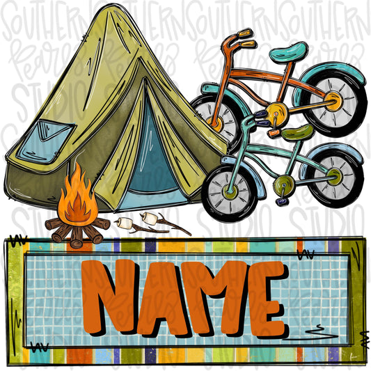 Dad and son camping tents, smores and bicycles with Name Patch | Fathers Day | Sublimation Design | Digital Download | Kids Shirt PNG