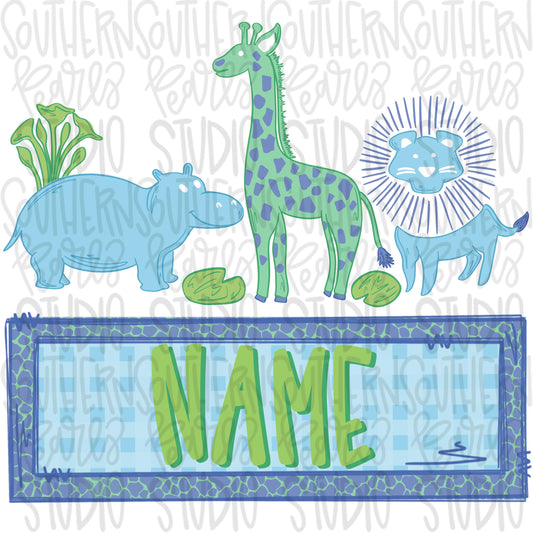 Hippo, giraffe and lion trio with Name Patch boy | Sublimation Design | Digital Download | Women’s, Kids Shirt PNG