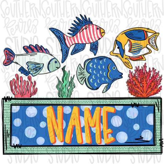 Colorful fish underwater with Name Patch | Sublimation Design | Digital Download | Women’s, Kids Shirt PNG