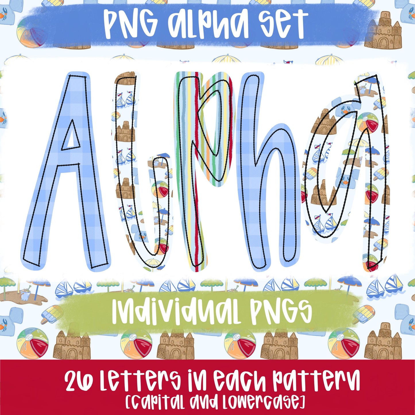 Jubilee Alpha Set boy | summer alpha, beach alpha, striped alpha, gingham alpha | PNG Font | Sublimation Design | Digital Download