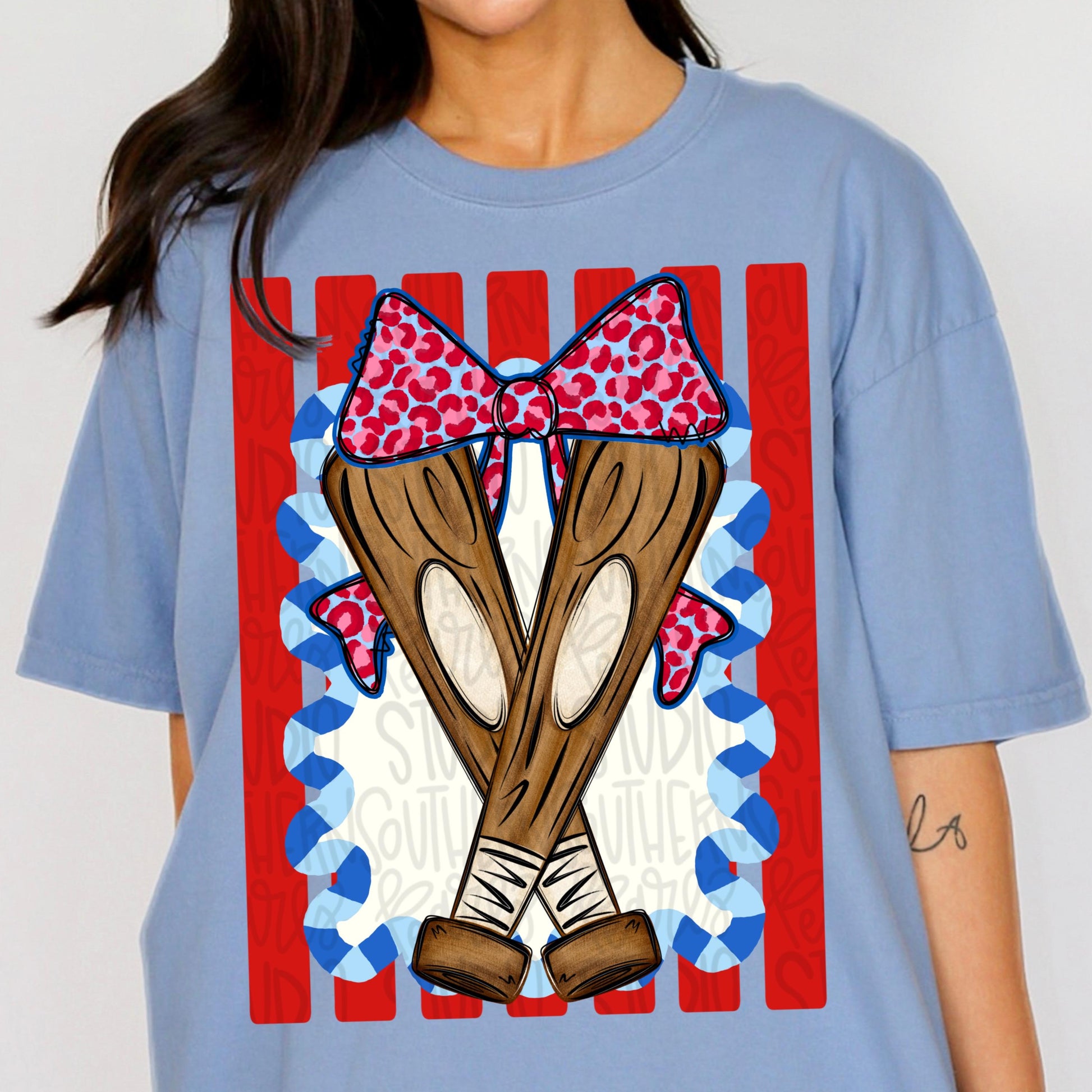 Baseball bats inside frame with bow | red white and blues | softball | Go Team | PNG | Sublimation | Design Download
