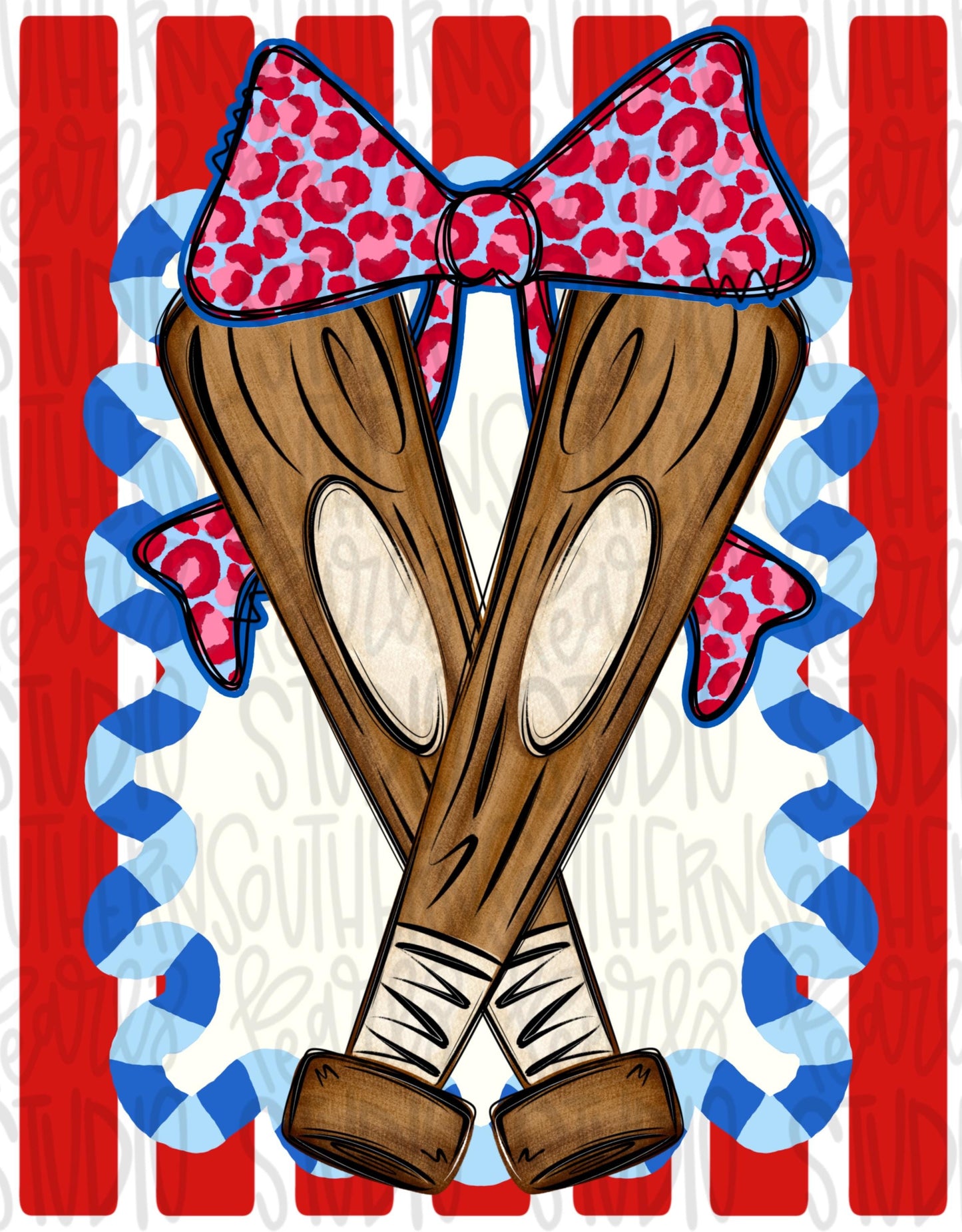 Baseball bats inside frame with bow | red white and blues | softball | Go Team | PNG | Sublimation | Design Download
