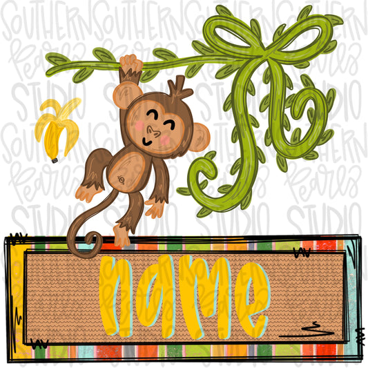 Monkey hanging on bow vine with bananas and Name Patch girl | Sublimation Design | Digital Download | Women’s, Kids Shirt PNG