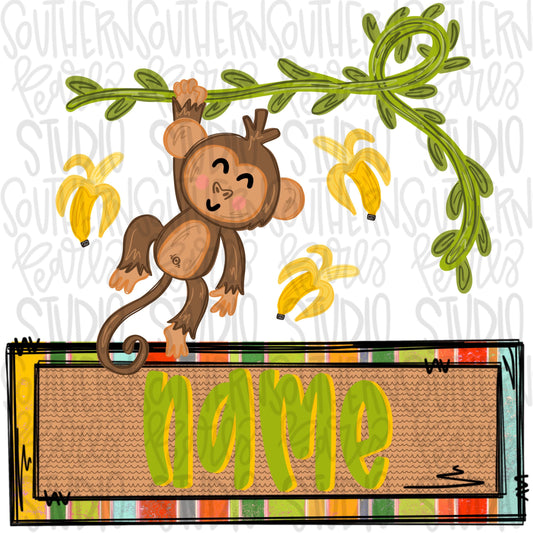Monkey hanging on vine with bananas and Name Patch boy | Sublimation Design | Digital Download | Women’s, Kids Shirt PNG