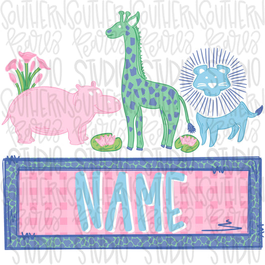 Hippo, giraffe and lion trio with Name Patch girl | Sublimation Design | Digital Download | Women’s, Kids Shirt PNG