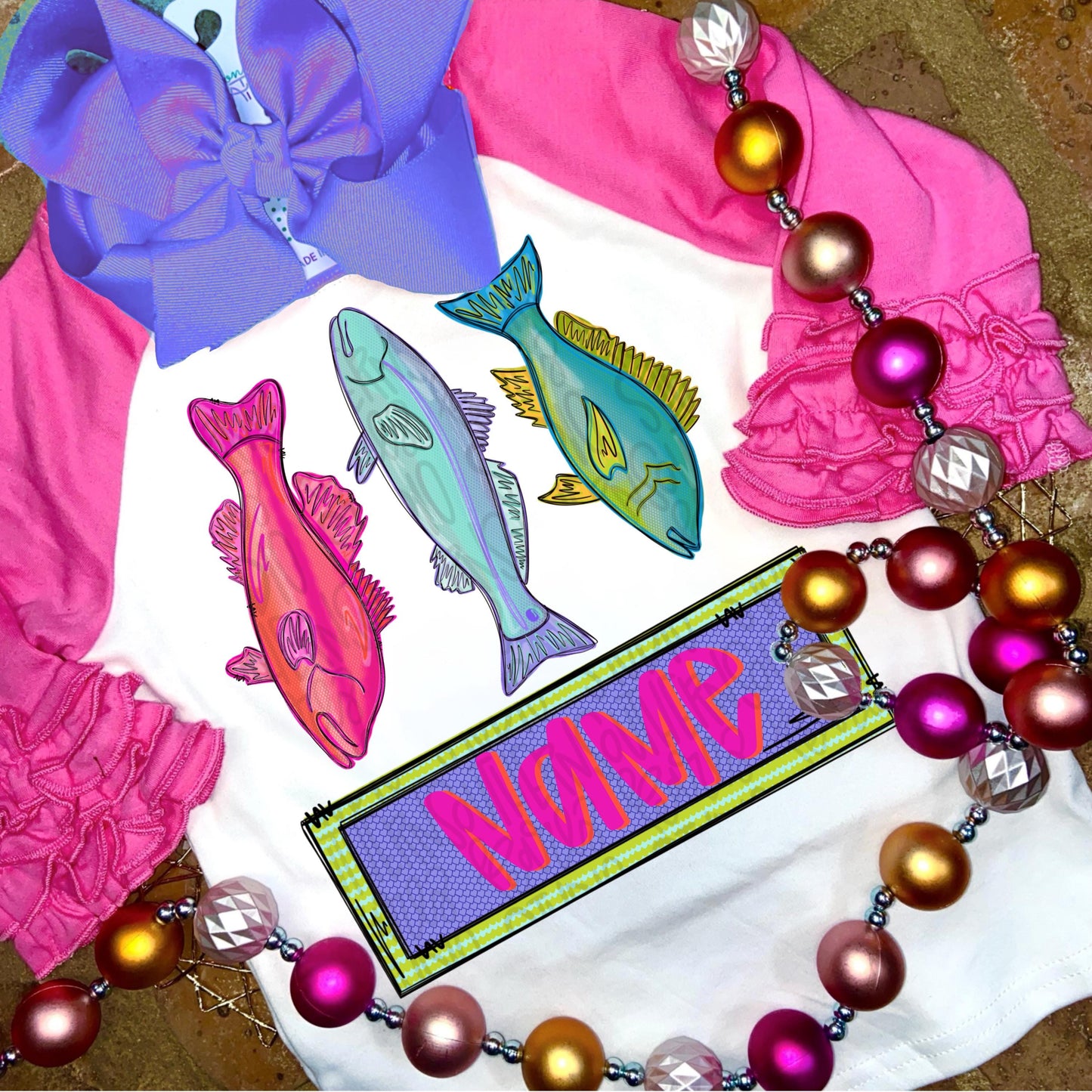 Fish trio with name patch girly png, Bible verse png, girly png, spring png, trendy png, whimsy png, Womens png, Kids png, later gator png