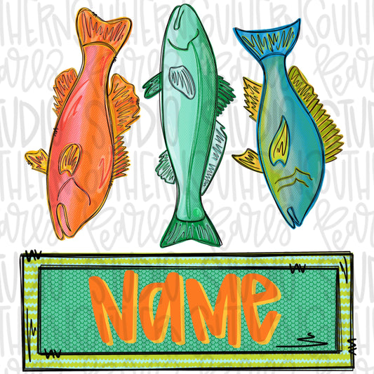 Fish trio with name patch boy png, Bible verse png, girly png, spring png, trendy png, whimsy png, Womens png, Kids png, later gator png