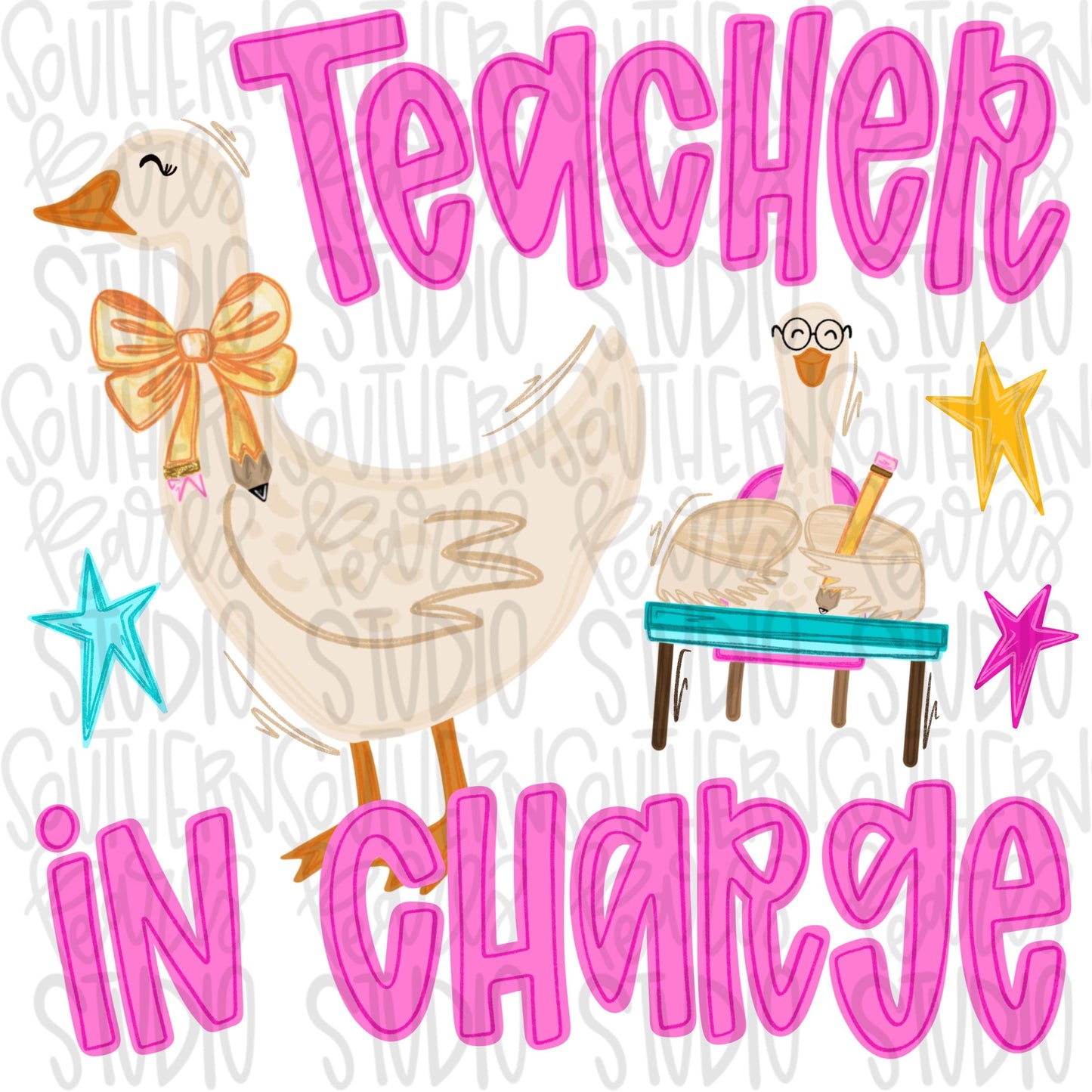 Teacher goose in charge png, bright png, preppy png, girly png, spring png, trendy png, whimsy png, Womens png, Kids png, later gator png