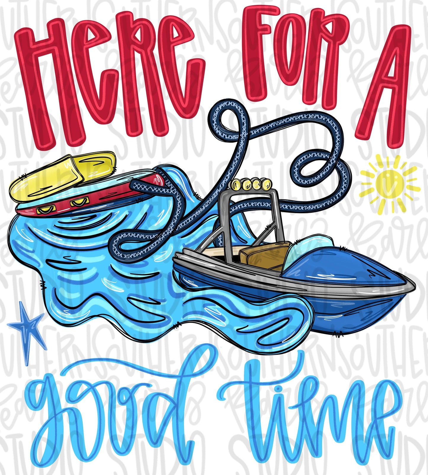 Here for a good time png, Boat pulling inner tube with name patch png, boy png, bright png, trendy png, whimsy png, viral png, summer png