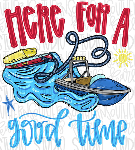Here for a good time png, Boat pulling inner tube with name patch png, boy png, bright png, trendy png, whimsy png, viral png, summer png