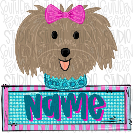 Girl dog with collar and name patch png, bright png, trendy png, whimsy png, viral png, summer png, Digital Download png