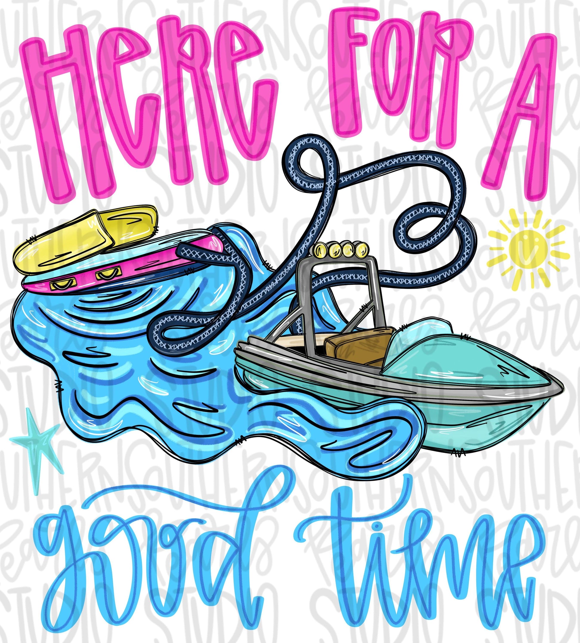 Here for a good time png, Boat pulling inner tube with name patch png, girl png, bright png, trendy png, whimsy png, viral png, summer png